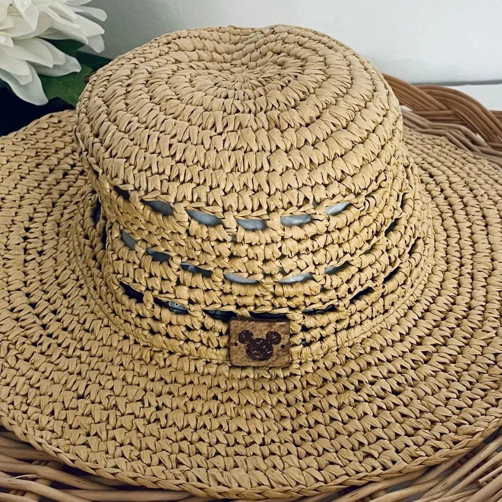 Disney Parks Mickey Mouse Woven Straw Floppy Hat Carved Wood Mickey Mouse summer